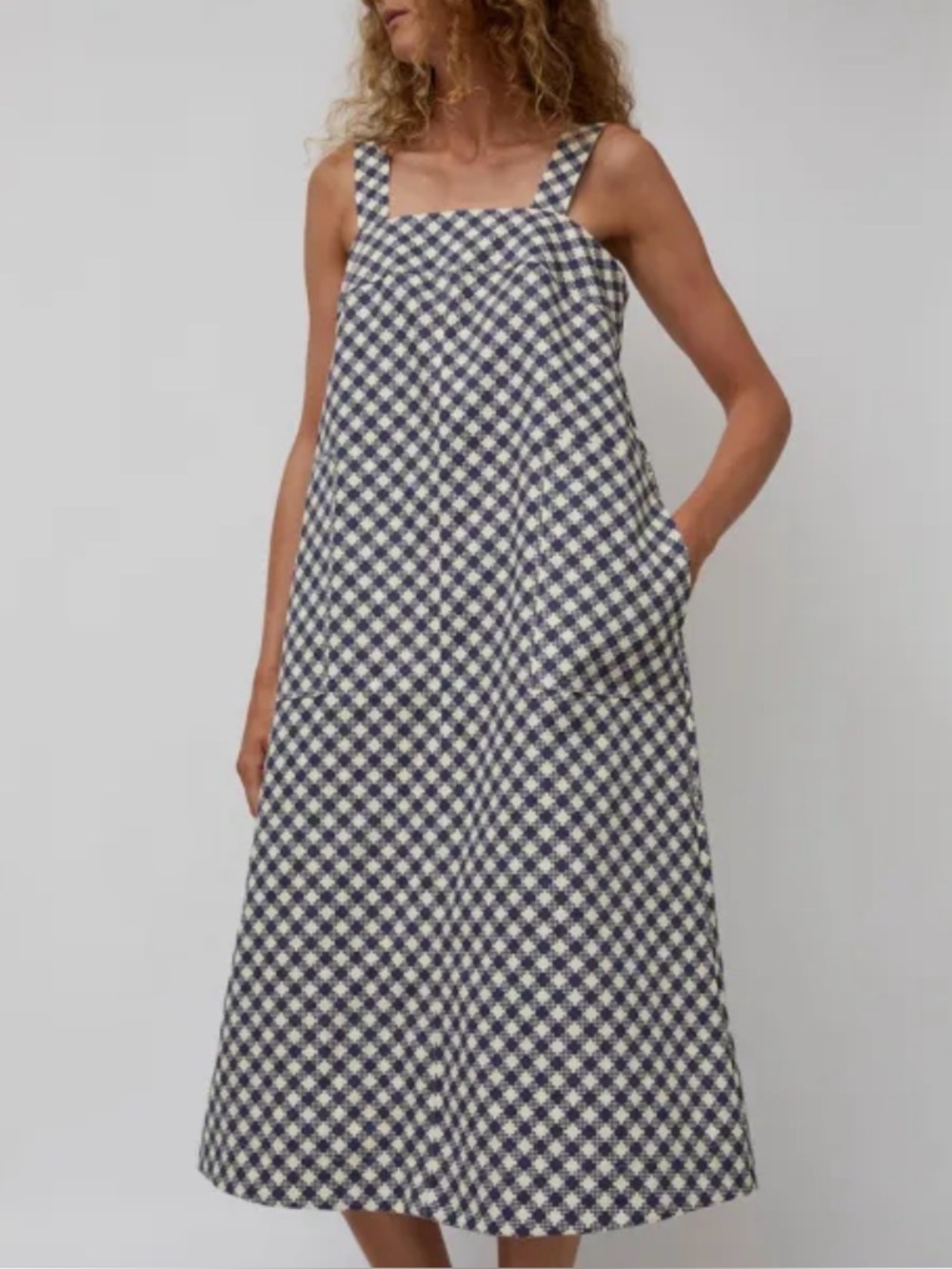 No 6 Store Rita Plaid Checkered Denim Twill Midi Boxy Dress Blue Cream Small S
